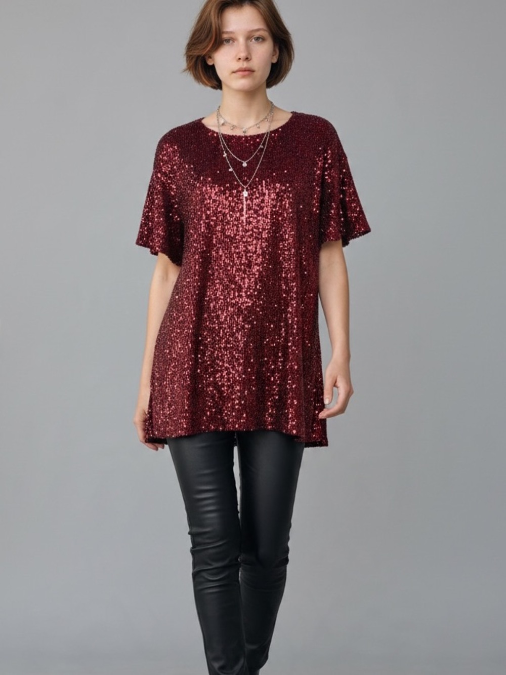 Cable & Gauge Red Sequin Short Sleeve Shirt Size M